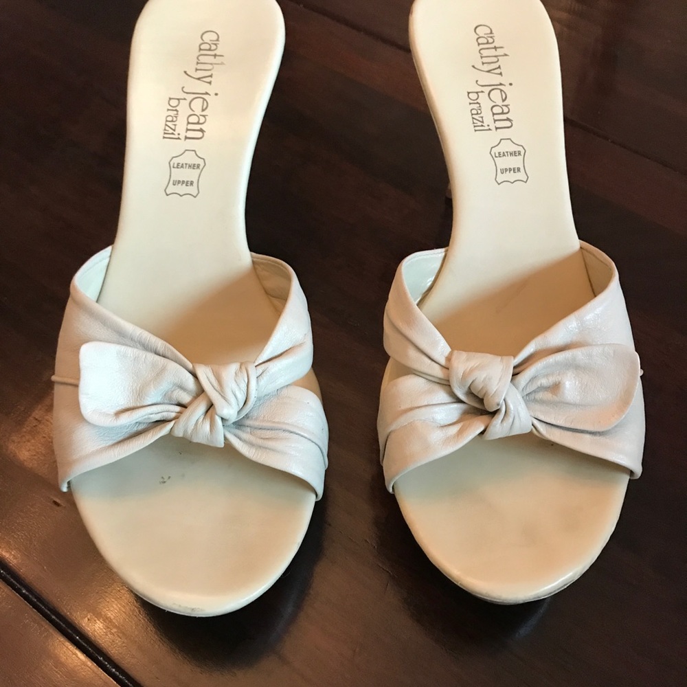 Cathy Jean Sand-Color Leather Bow Sandal Heels